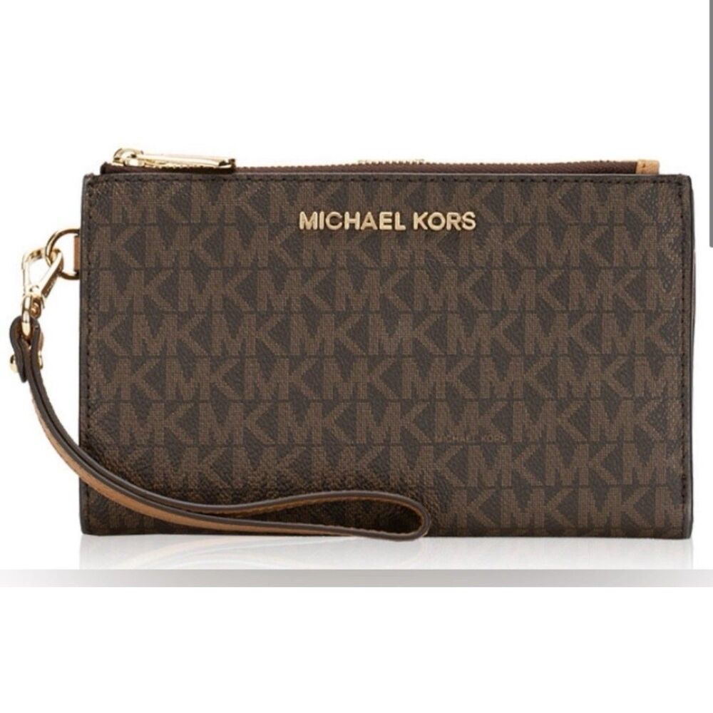 Michael Kors Jet Set Travel Double Zip Wristlet Wallet MK Brown & Tan New